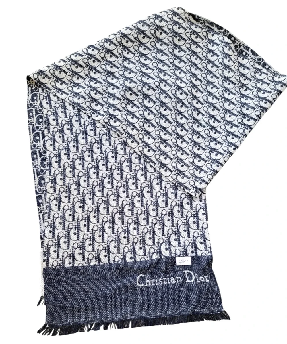 Christian Dior MONOGRAM Oblique 100% Cashmere Scarf Navy Blue & Cream 74